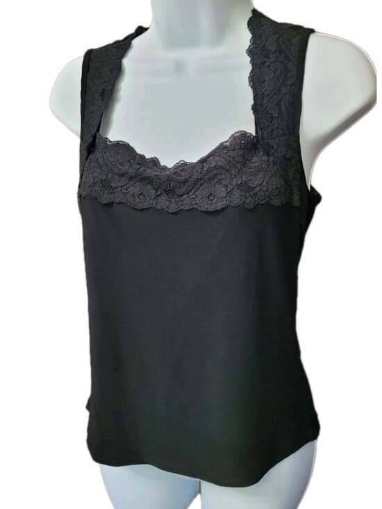 Susan Lawrence Tops - Susan Lawrence Y2K Black Tank Shell Cami Slinky Knit Top Womens S Lace Trim